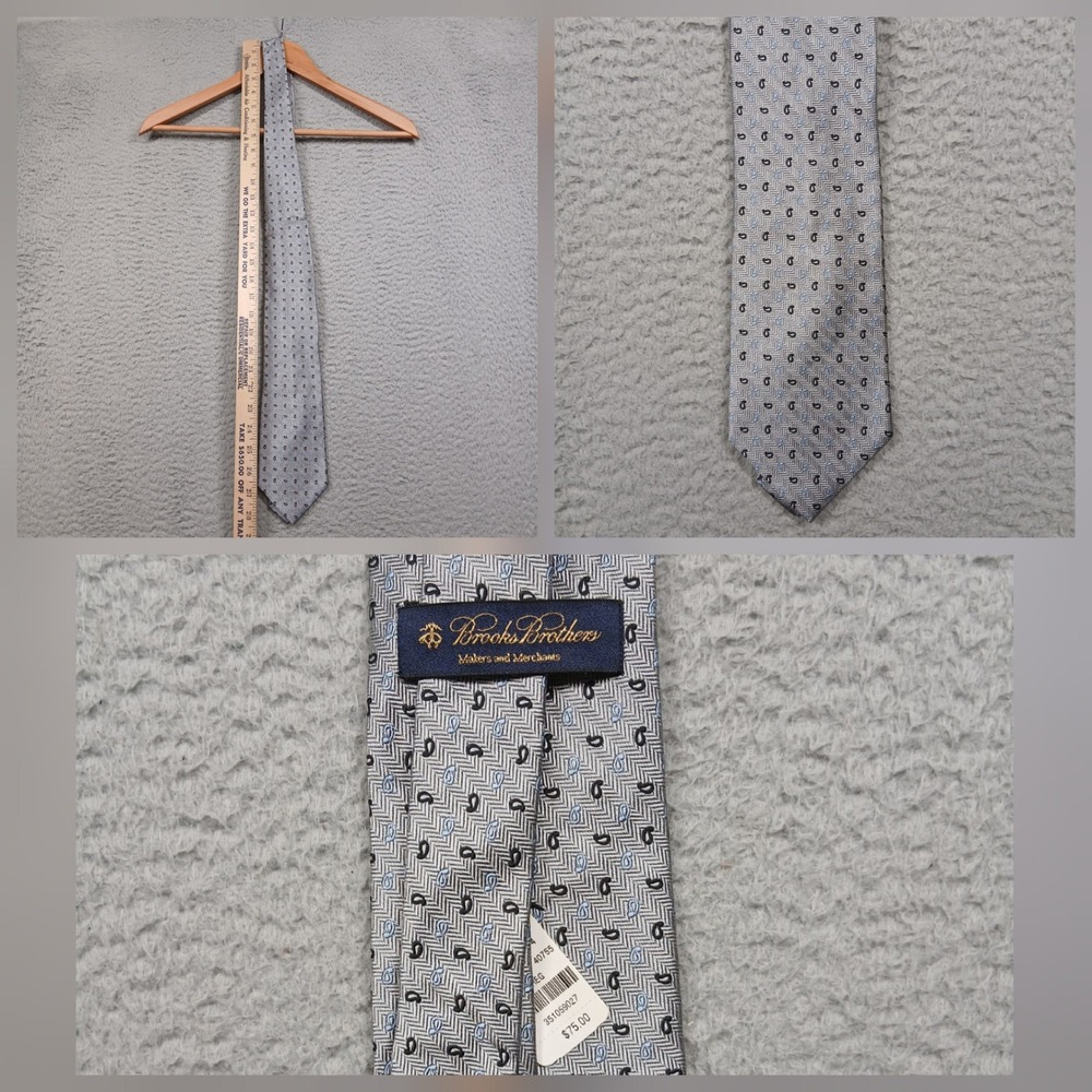 Brooks‎ Brothers Silk Tie Gray Blue Herringbone Paisley Neat Pattern New